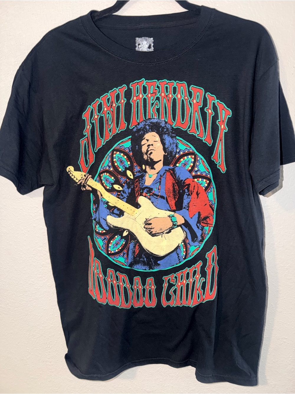 Black Jimi Hendrix Graphic Rock Band T-Shirt with Voodoo Child Design